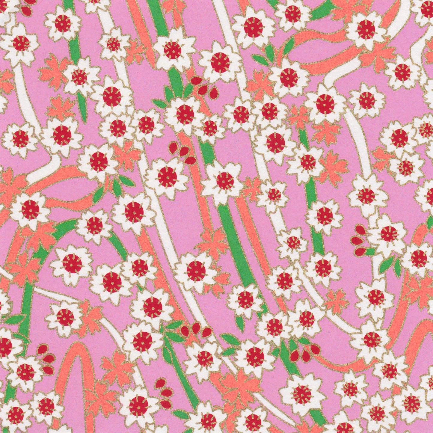 Pack of 20 Sheets 14x14cm Yuzen Washi Origami Paper HZ-172 - Double Cherry Blossom Pink - washi paper - Lavender Home London
