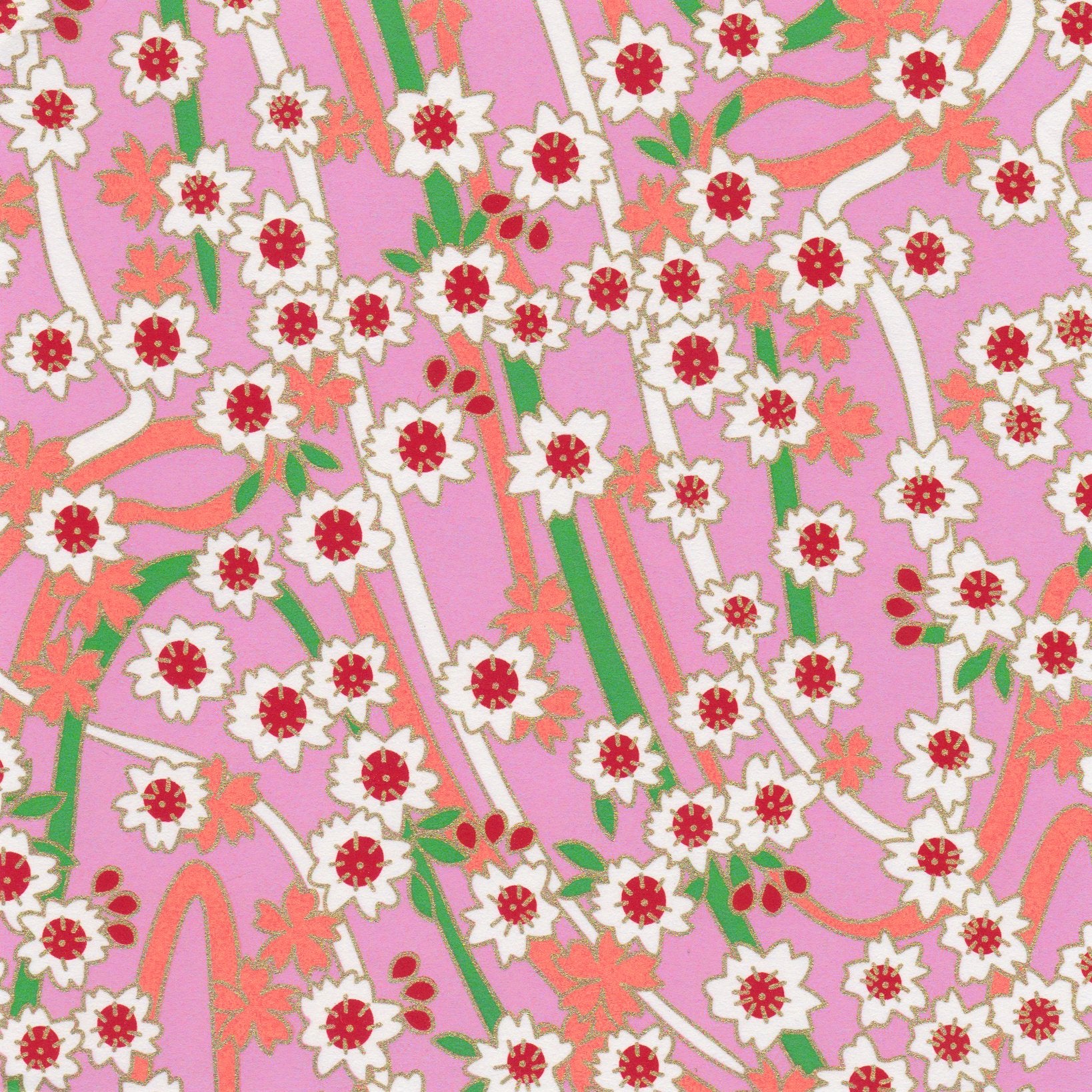 Pack of 20 Sheets 14x14cm Yuzen Washi Origami Paper HZ-172 - Double Cherry Blossom Pink - washi paper - Lavender Home London