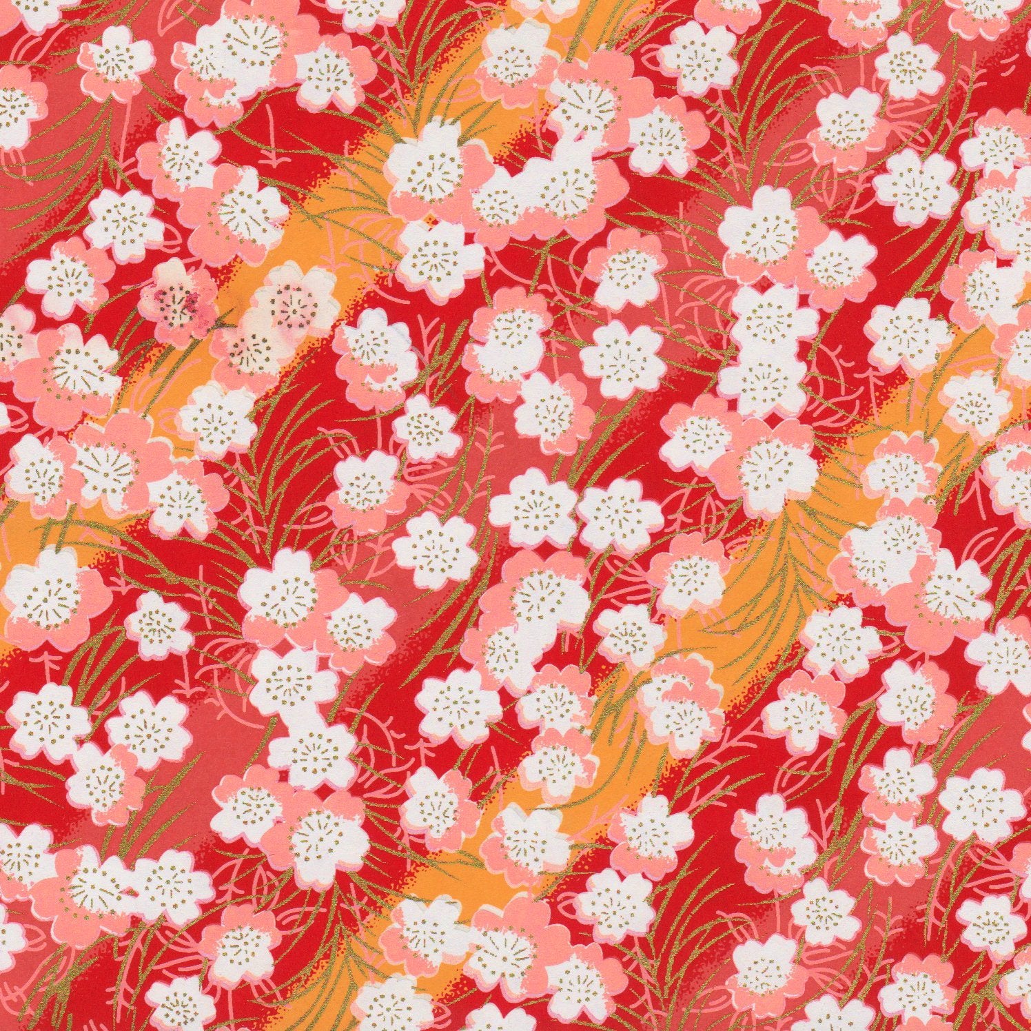 Pack of 20 Sheets 14x14cm Yuzen Washi Origami Paper HZ-186 - Cherry Blossom Red & Orange Stripes - washi paper - Lavender Home London