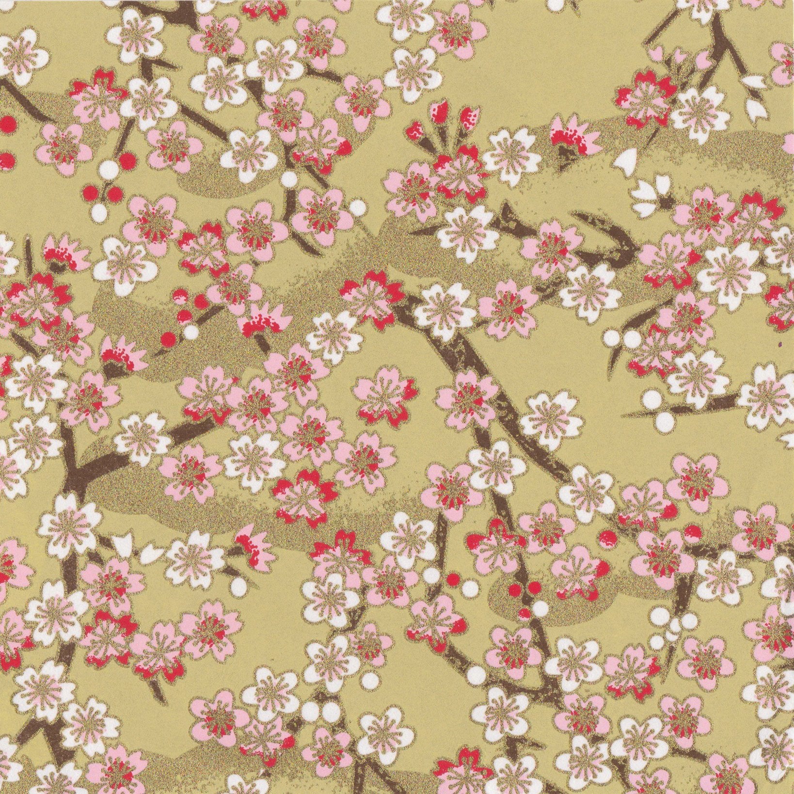 Pack of 20 Sheets 14x14cm Yuzen Washi Origami Paper HZ-208 - Cherry Blossom Branches Yellow - washi paper - Lavender Home London