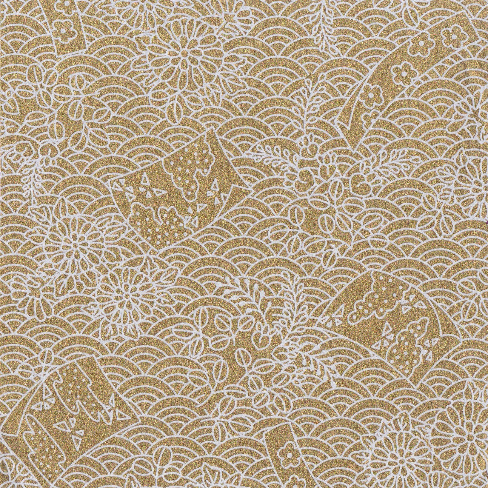 Pack of 20 Sheets 14x14cm Yuzen Washi Origami Paper HZ-235 - Flags & Sea Waves Gold - washi paper - Lavender Home London