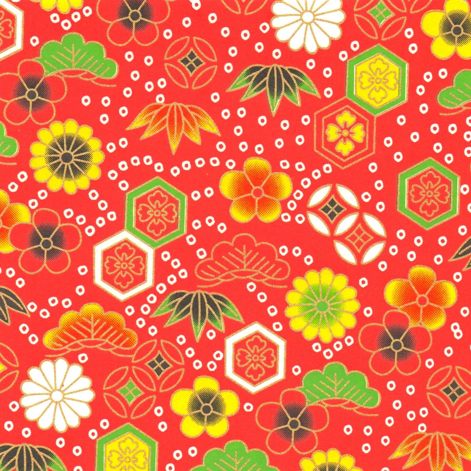 Pack of 20 Sheets 14x14cm Yuzen Washi Origami Paper HZ-250 - Red Geometric Flowers - washi paper - Lavender Home London