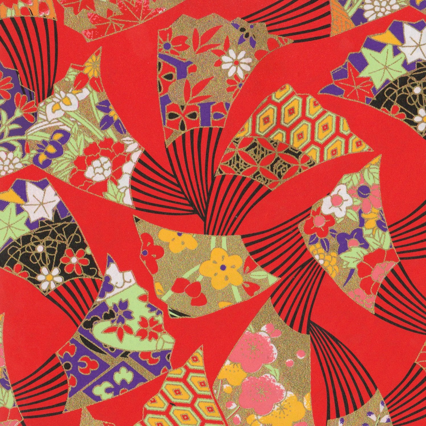 Pack of 20 Sheets 14x14cm Yuzen Washi Origami Paper HZ-253 - Fans Red - washi paper - Lavender Home London