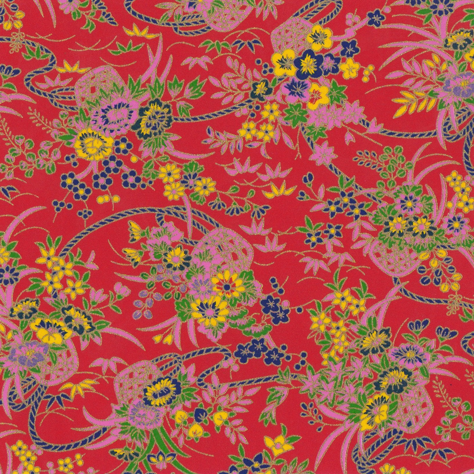 Pack of 20 Sheets 14x14cm Yuzen Washi Origami Paper HZ-254 - Flower Bouquet Red - washi paper - Lavender Home London