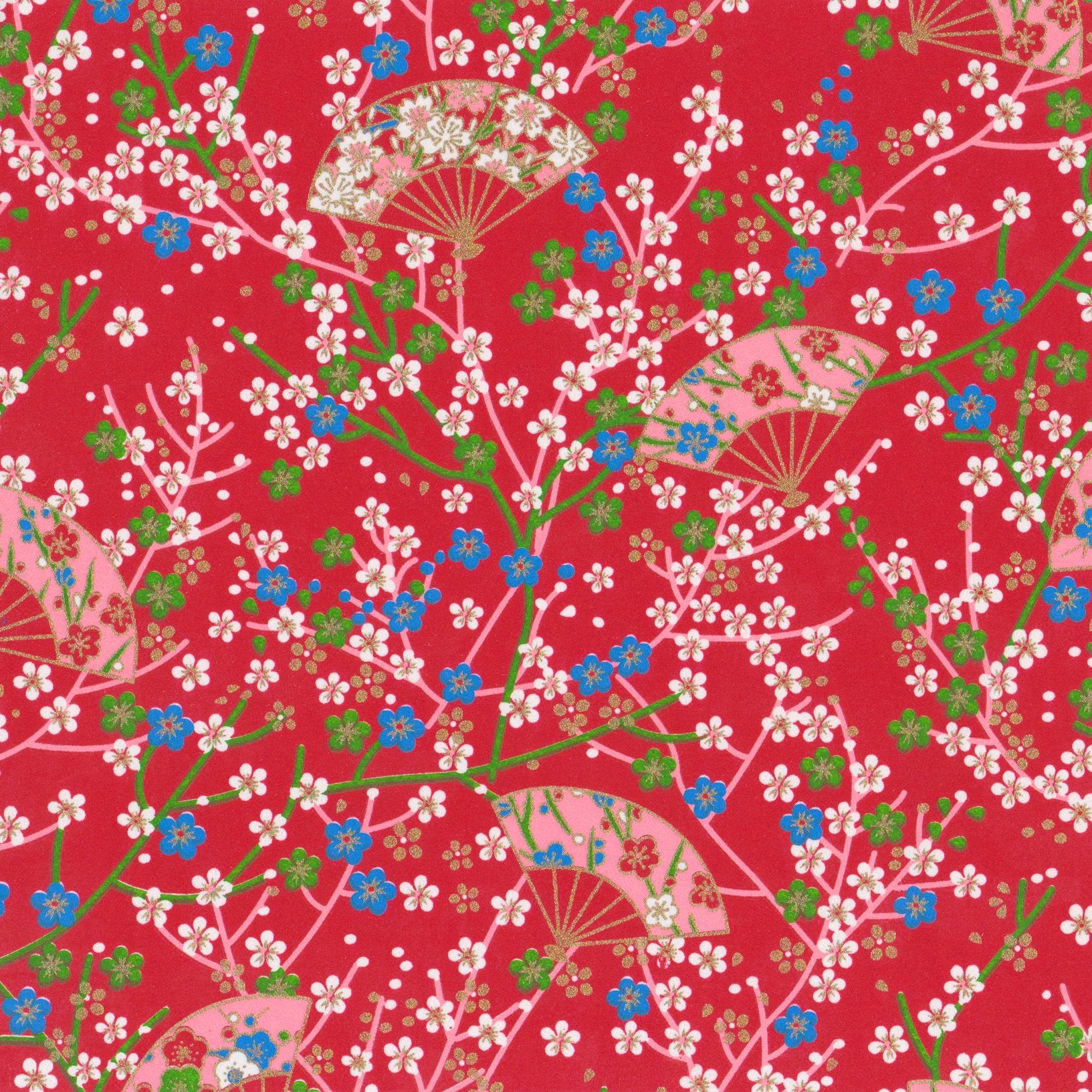 Pack of 20 Sheets 14x14cm Yuzen Washi Origami Paper HZ-263 - Small Plum Flowers & Fans Red - washi paper - Lavender Home London