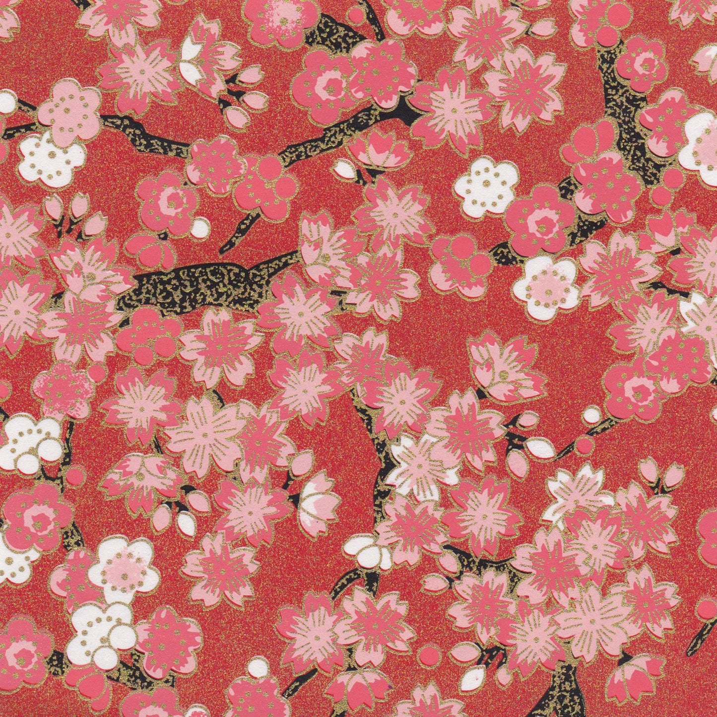 Pack of 20 Sheets 14x14cm Yuzen Washi Origami Paper HZ-280 - Cherry Blossom & Plum Flowers Shining Red - washi paper - Lavender Home London