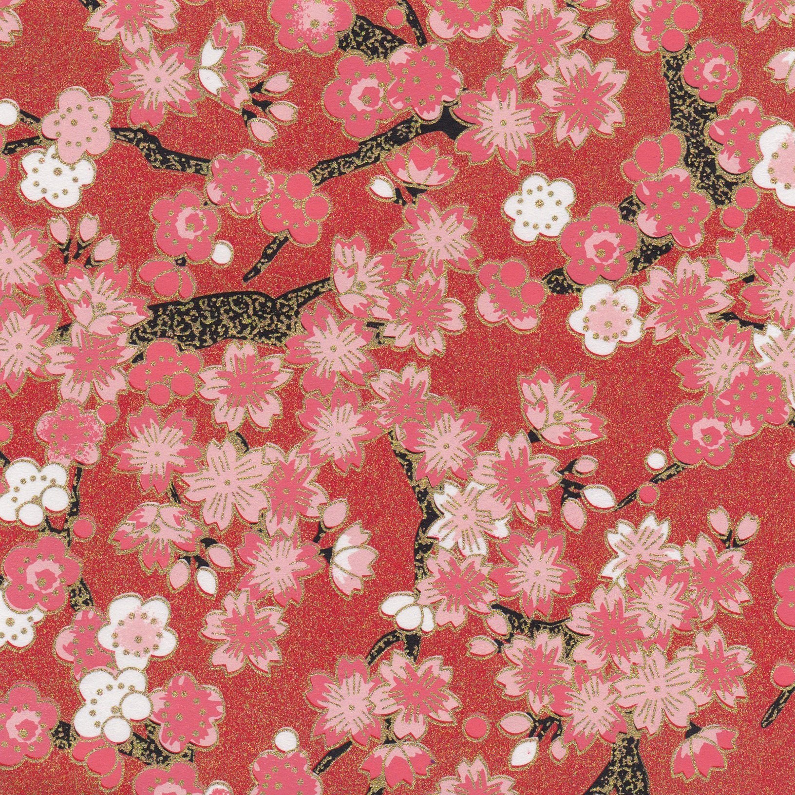 Pack of 20 Sheets 14x14cm Yuzen Washi Origami Paper HZ-280 - Cherry Blossom & Plum Flowers Shining Red - washi paper - Lavender Home London