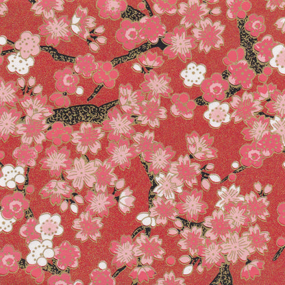 Pack of 20 Sheets 14x14cm Yuzen Washi Origami Paper HZ-280 - Cherry Blossom & Plum Flowers Shining Red - washi paper - Lavender Home London