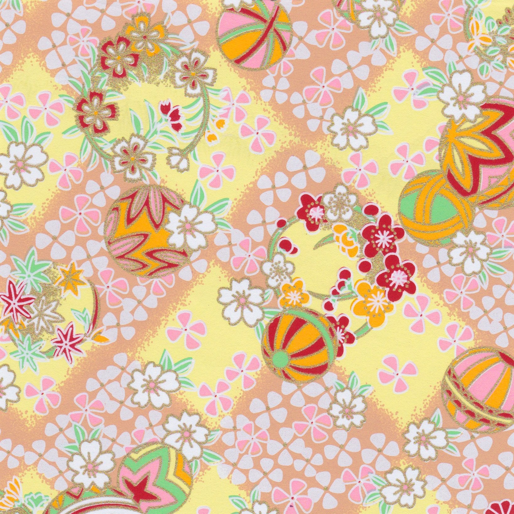 Pack of 20 Sheets 14x14cm Yuzen Washi Origami Paper HZ-284 - Temari Thread Balls & Cherry Blossom Yellow - washi paper - Lavender Home London