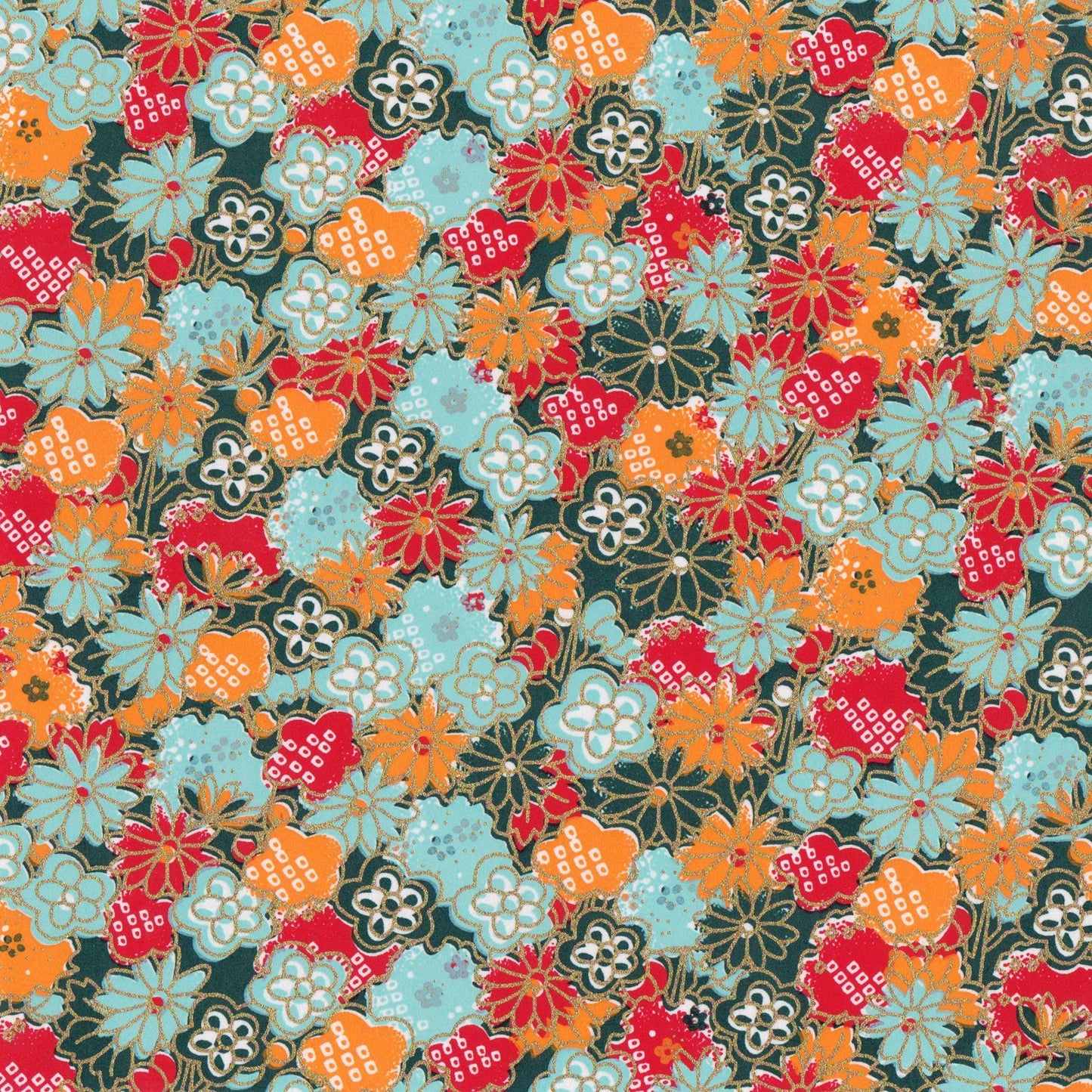 Pack of 20 Sheets 14x14cm Yuzen Washi Origami Paper HZ-309 - Flowery Chrysanthemums Green - washi paper - Lavender Home London