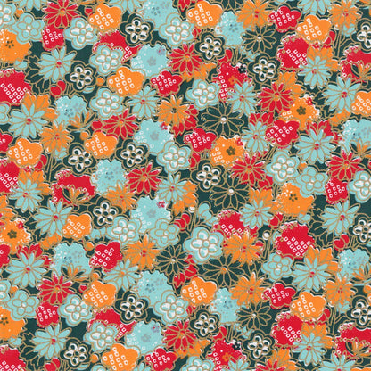 Pack of 20 Sheets 14x14cm Yuzen Washi Origami Paper HZ-309 - Flowery Chrysanthemums Green - washi paper - Lavender Home London