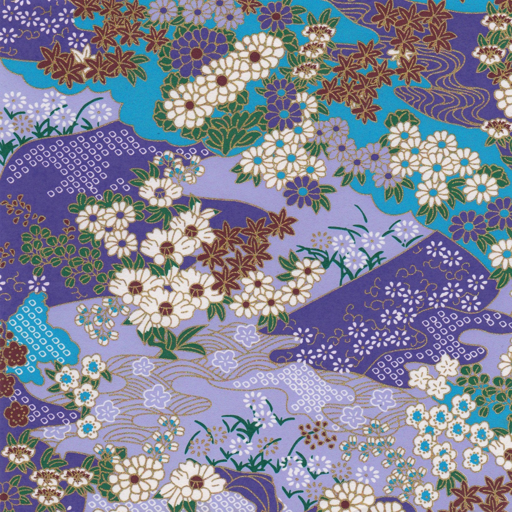 Pack of 20 Sheets 14x14cm Yuzen Washi Origami Paper HZ-310 - Evening Flower Water Garden - washi paper - Lavender Home London