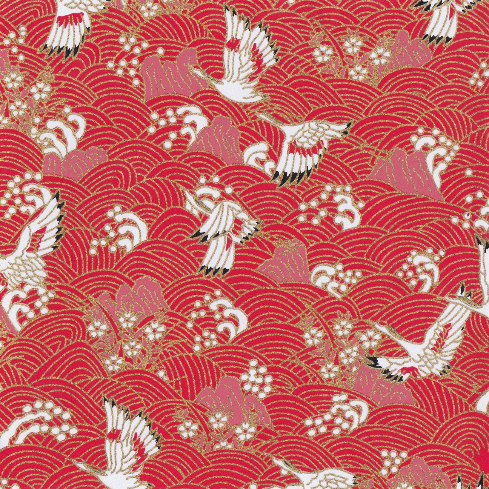 Pack of 20 Sheets 14x14cm Yuzen Washi Origami Paper HZ-315 - Cranes & Waves Red - washi paper - Lavender Home London
