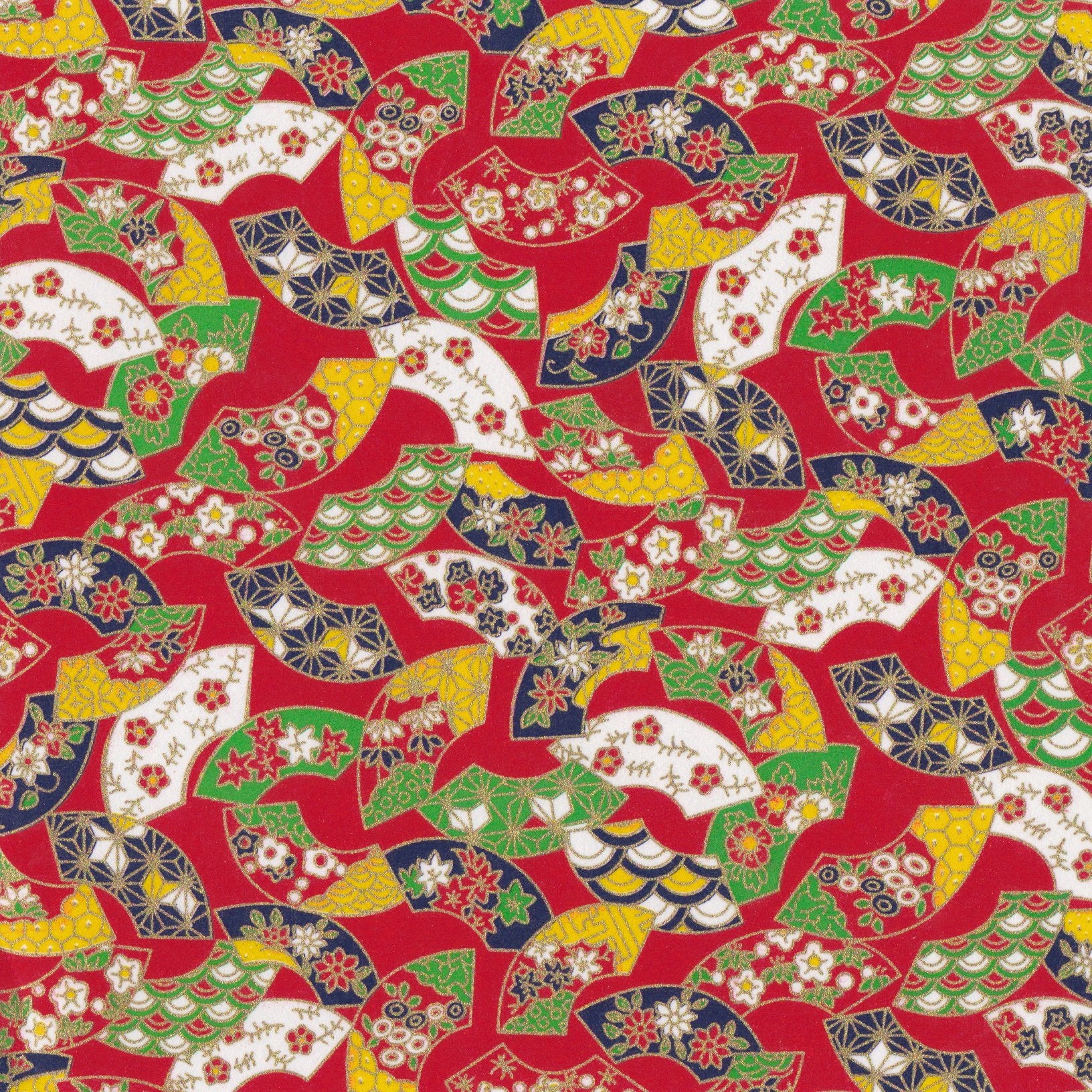 Pack of 20 Sheets 14x14cm Yuzen Washi Origami Paper HZ-333 - Floral Fans Red - washi paper - Lavender Home London