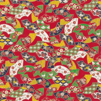 Pack of 20 Sheets 14x14cm Yuzen Washi Origami Paper HZ-333 - Floral Fans Red - washi paper - Lavender Home London