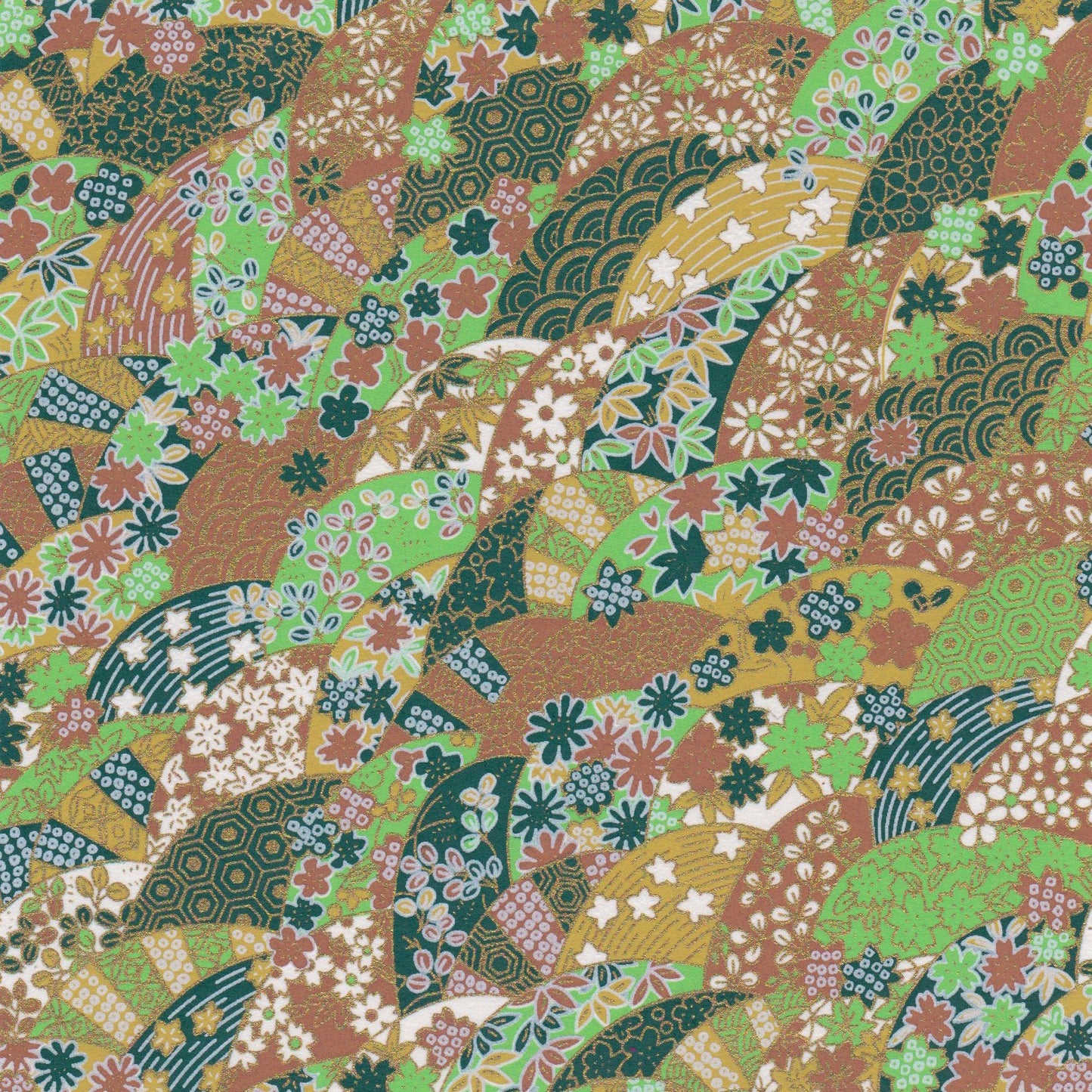 Pack of 20 Sheets 14x14cm Yuzen Washi Origami Paper HZ-348 - Fans Waves Green - washi paper - Lavender Home London
