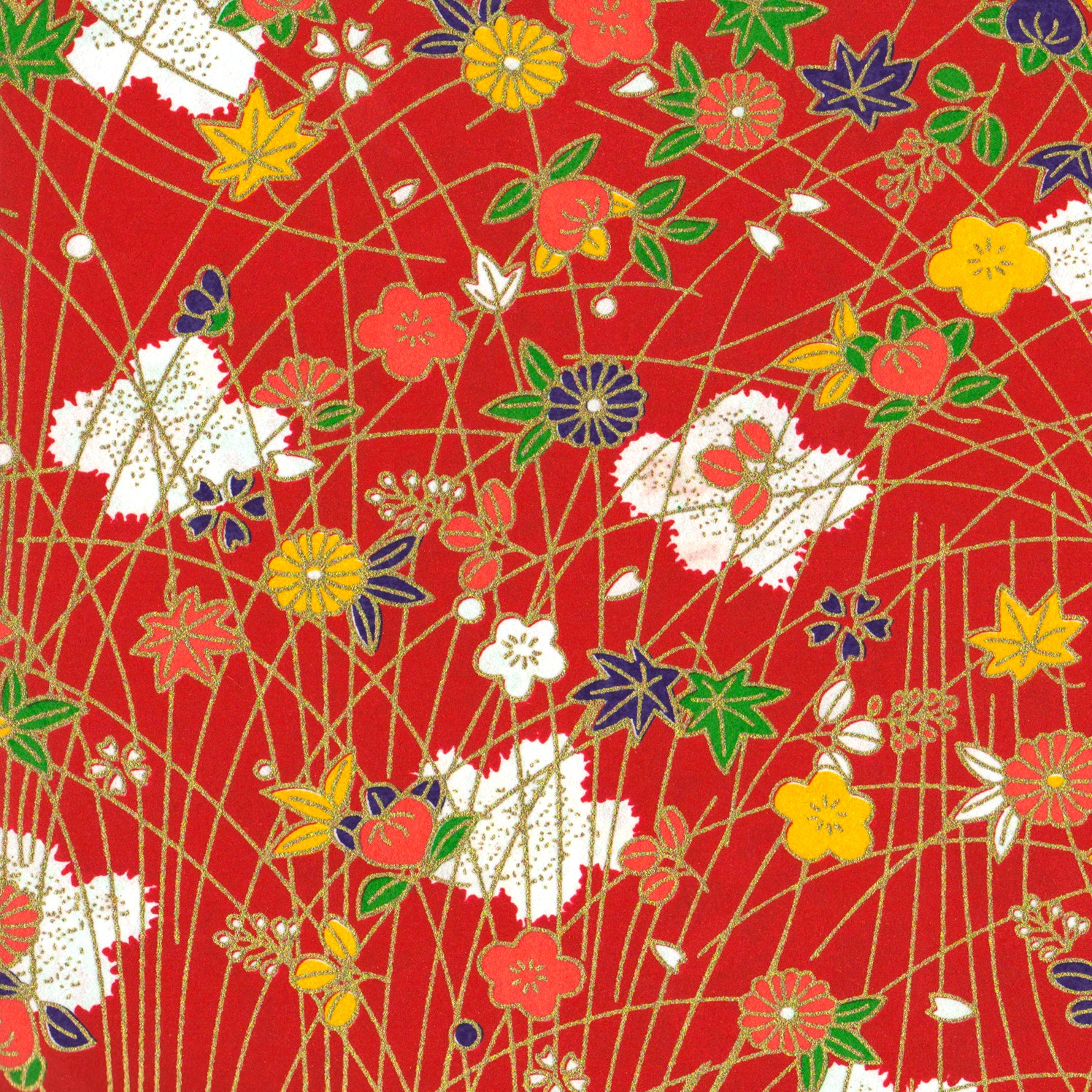 Yuzen Washi Wrapping Paper HZ-357 - Plum Flowers & Maple Leaves Red - washi paper - Lavender Home London