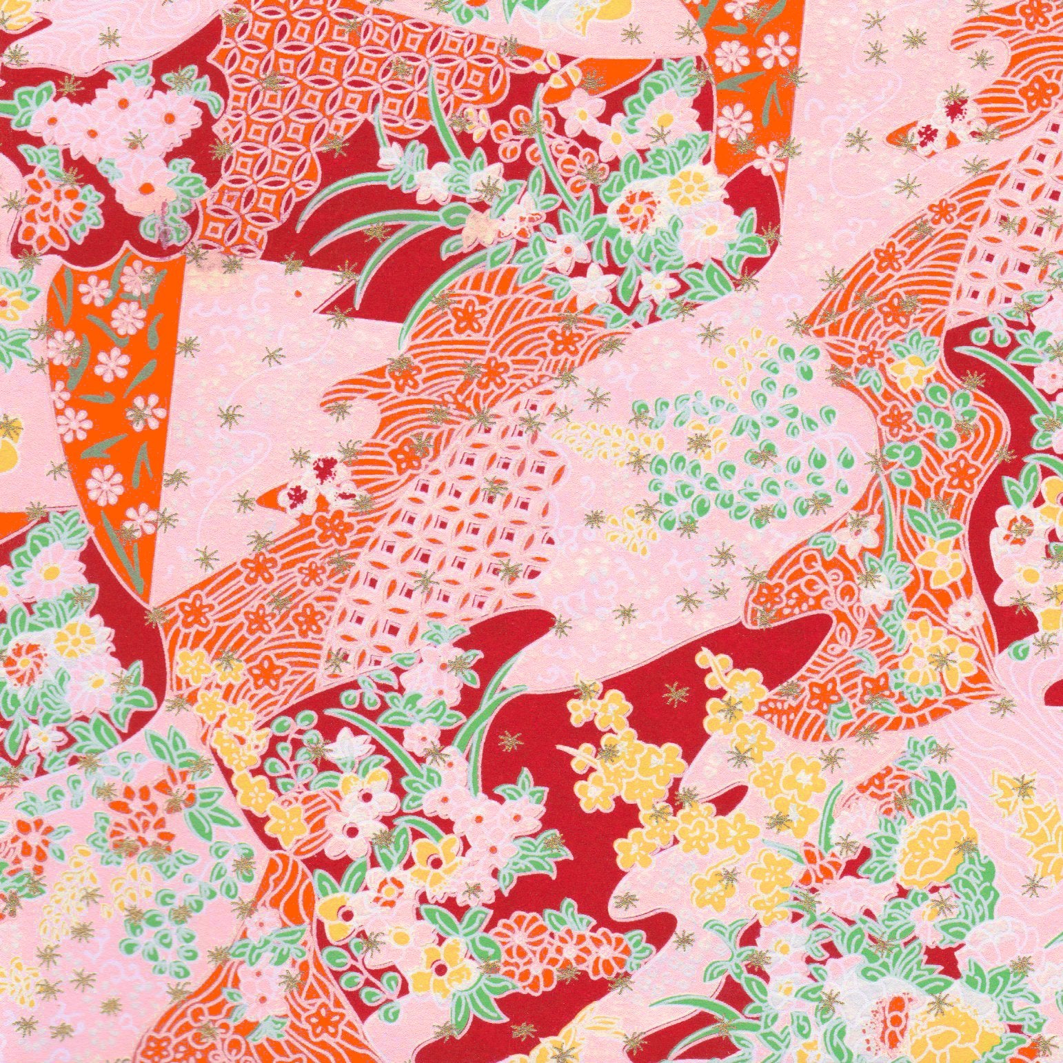 Pack of 20 Sheets 14x14cm Yuzen Washi Origami Paper HZ-358 - Pink Flower Field - washi paper - Lavender Home London