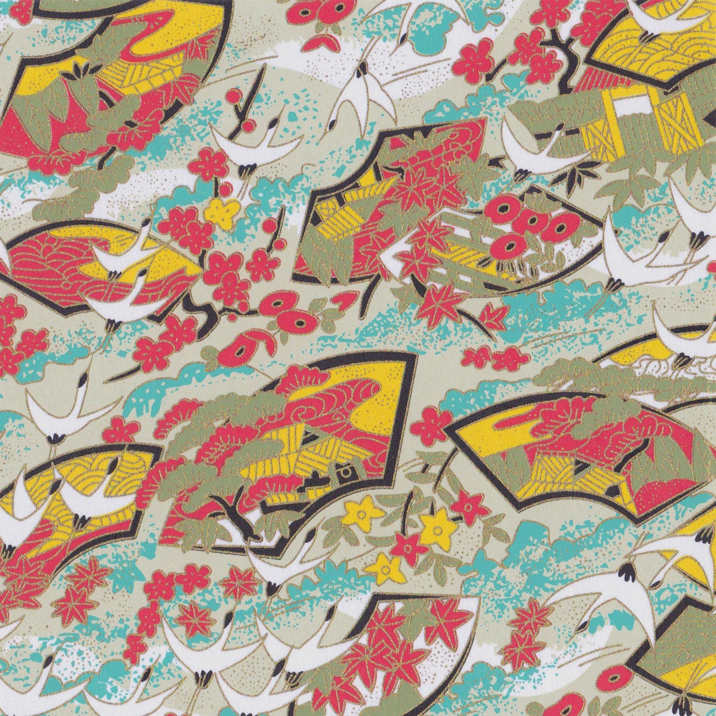 Pack of 20 Sheets 14x14cm Yuzen Washi Origami Paper HZ-367 - Cranes & Floral Fans - washi paper - Lavender Home London