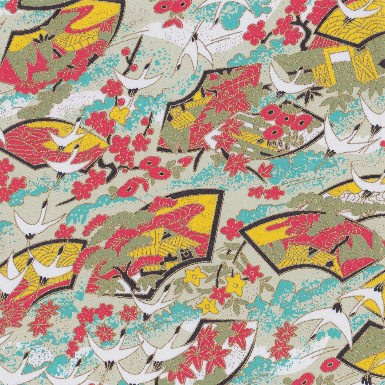 Pack of 20 Sheets 14x14cm Yuzen Washi Origami Paper HZ-367 - Cranes & Floral Fans - washi paper - Lavender Home London