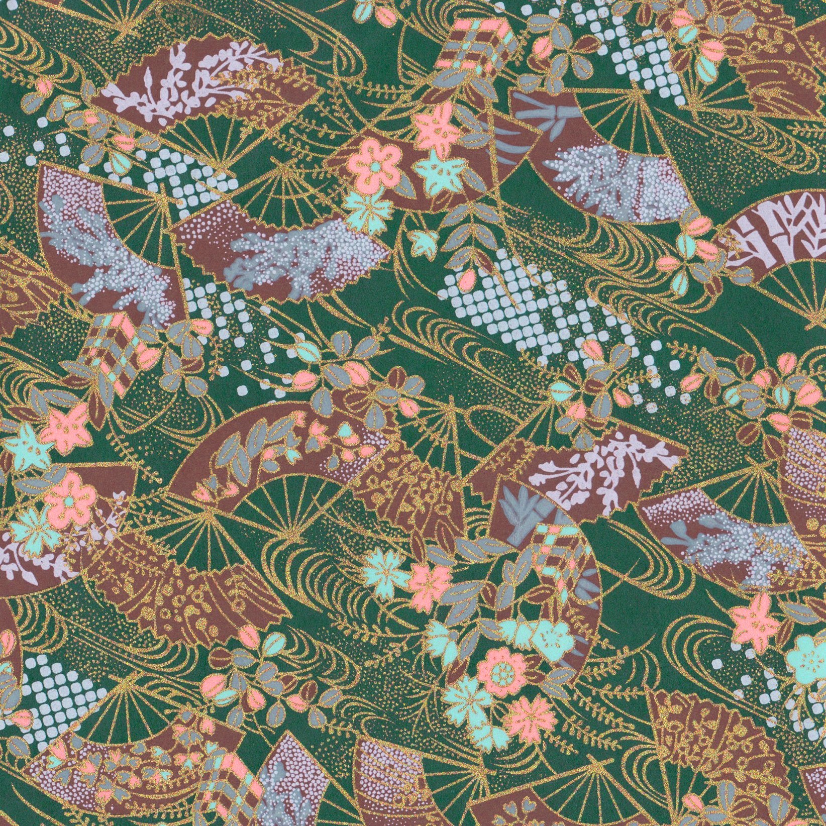 Pack of 20 Sheets 14x14cm Yuzen Washi Origami Paper HZ-369 - Floral Fans Dark Green - washi paper - Lavender Home London