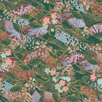 Pack of 20 Sheets 14x14cm Yuzen Washi Origami Paper HZ-369 - Floral Fans Dark Green - washi paper - Lavender Home London