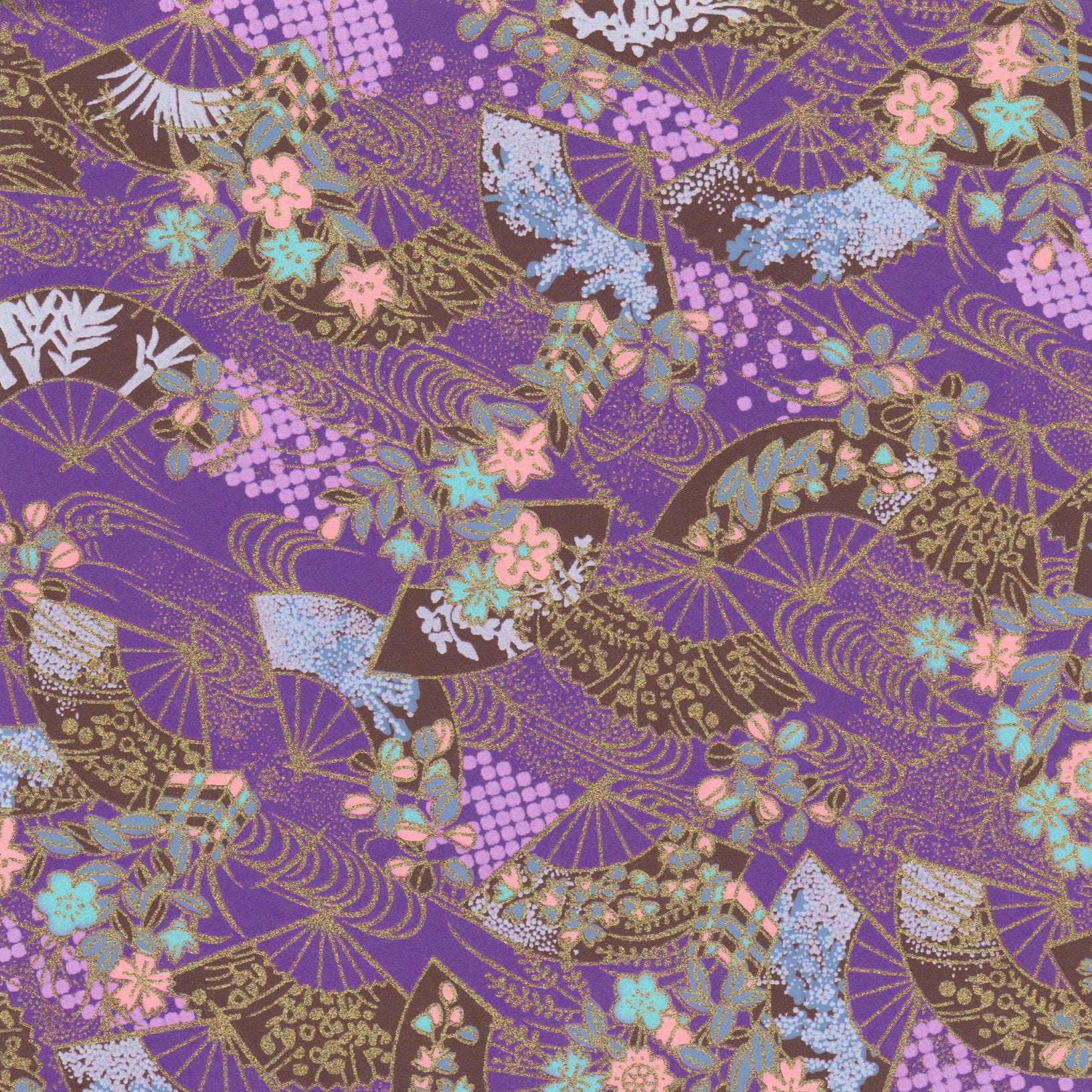 Pack of 20 Sheets 14x14cm Yuzen Washi Origami Paper HZ-370 - Floral Fans & Flowing Water Purple - washi paper - Lavender Home London