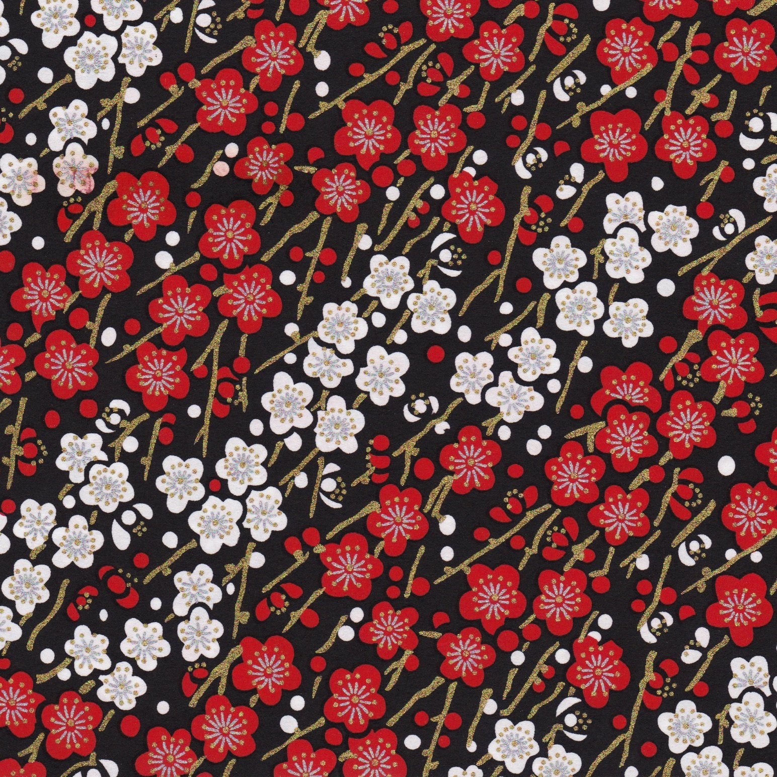 Pack of 20 Sheets 14x14cm Yuzen Washi Origami Paper HZ-382 - Red White Plum Flower Black - washi paper - Lavender Home London