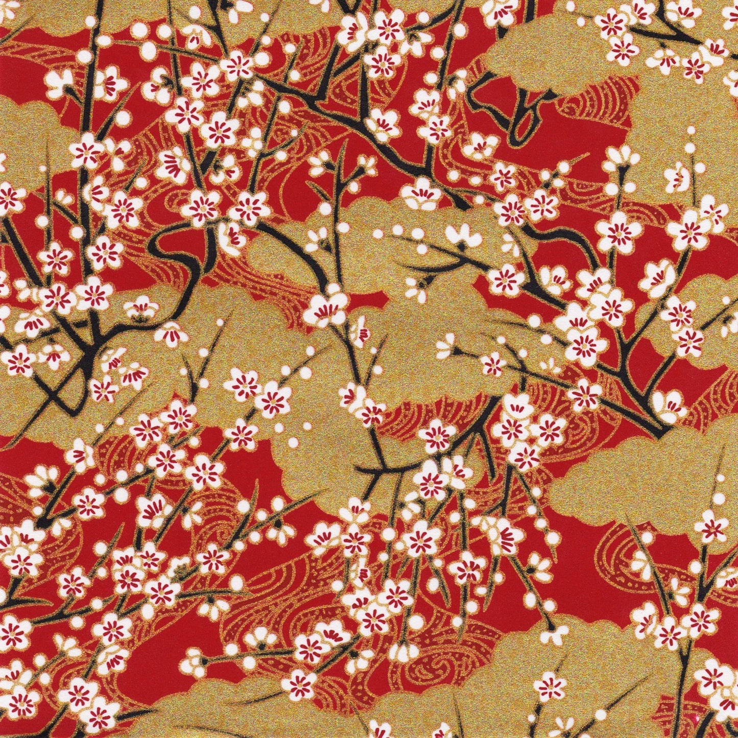 Pack of 20 Sheets 14x14cm Yuzen Washi Origami Paper HZ-383 - Cherry Blossom & Gold Clouds Red - washi paper - Lavender Home London