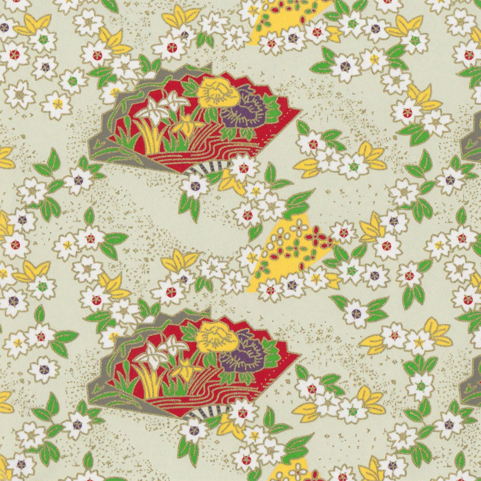 Pack of 20 Sheets 14x14cm Yuzen Washi Origami Paper HZ-388 - Cherry Blossom & Floral Fans Pale Green - washi paper - Lavender Home London