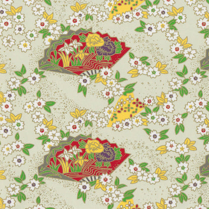 Pack of 20 Sheets 14x14cm Yuzen Washi Origami Paper HZ-388 - Cherry Blossom & Floral Fans Pale Green - washi paper - Lavender Home London