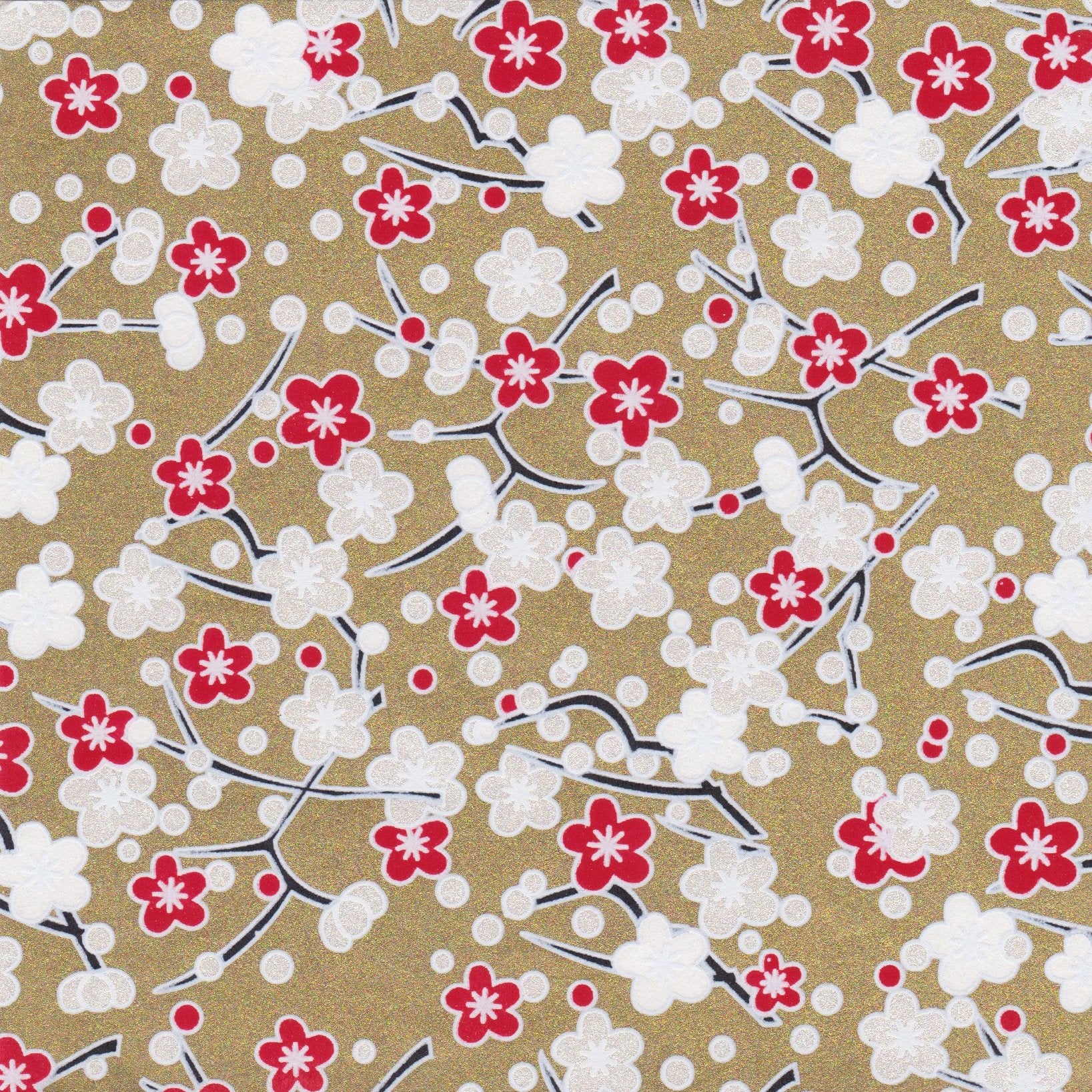 Pack of 20 Sheets 14x14cm Yuzen Washi Origami Paper HZ-413 - Red White Plum Flowers Gold - washi paper - Lavender Home London