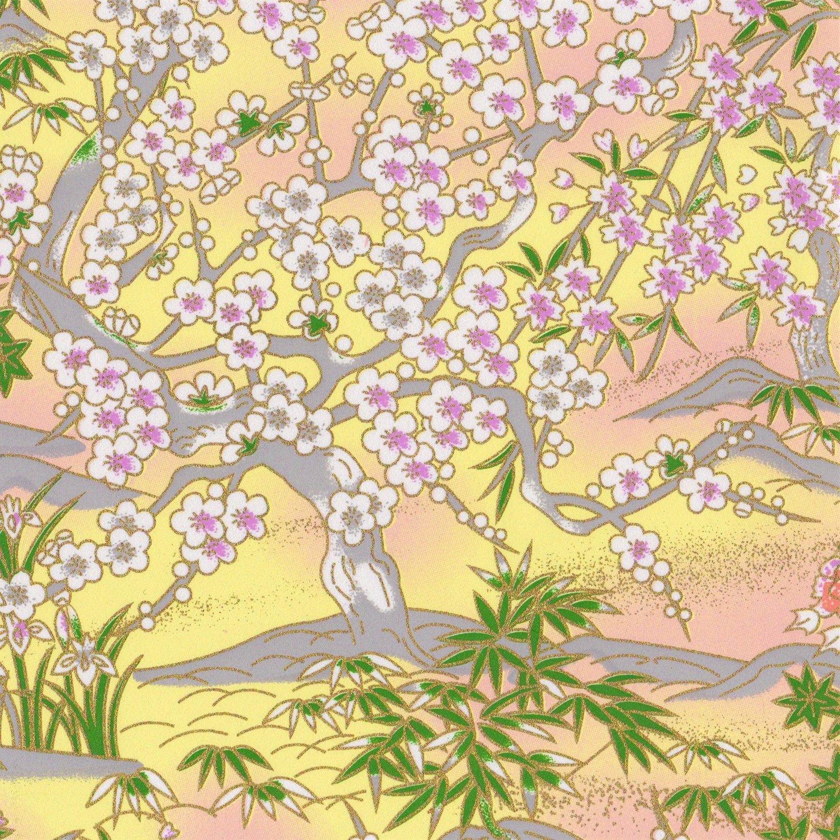 Pack of 20 Sheets 14x14cm Yuzen Washi Origami Paper HZ-420 - Spring Cherry Blossom & Bamboo - washi paper - Lavender Home London