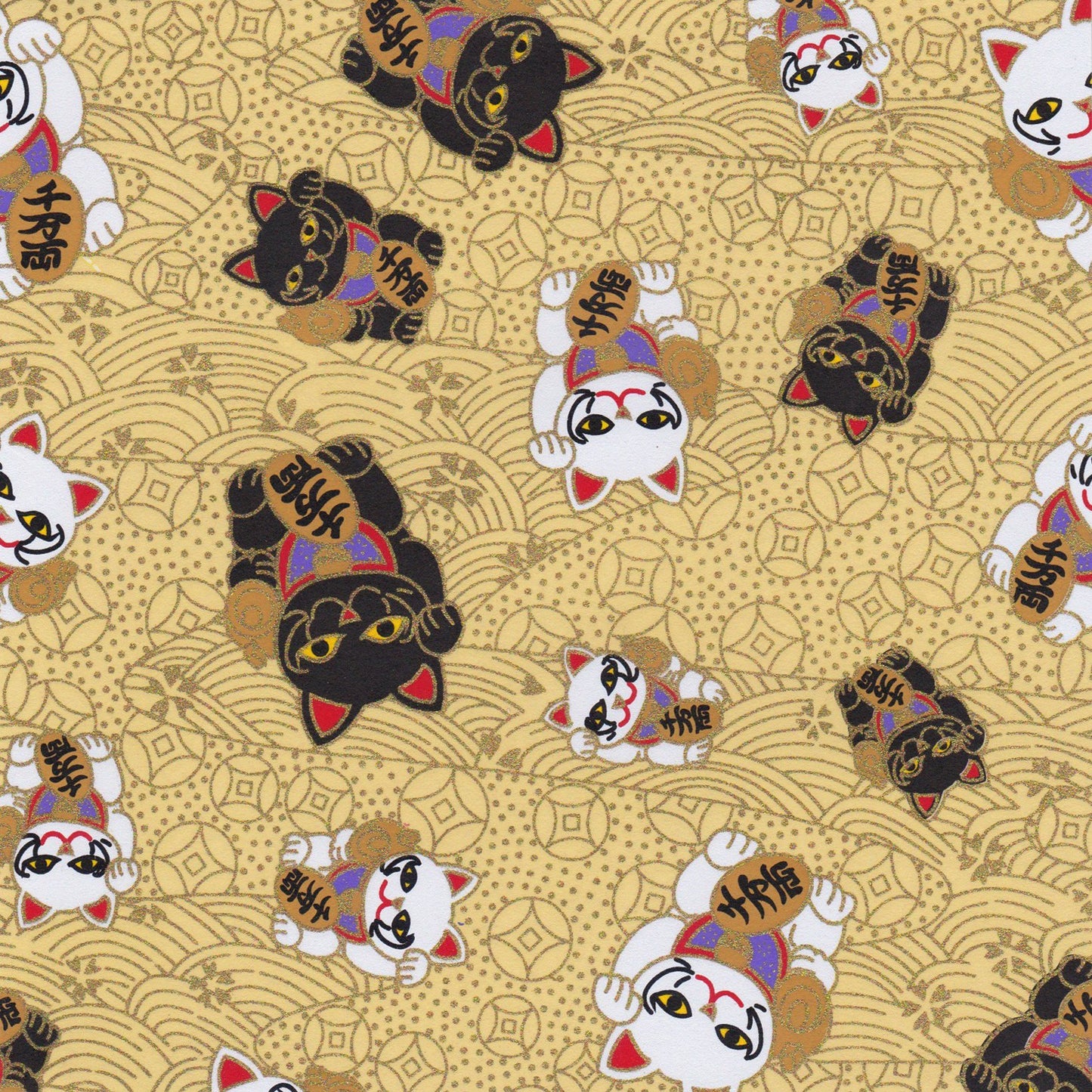 Pack of 20 Sheets 14x14cm Yuzen Washi Origami Paper HZ-429 - Fortune Cats Gold - washi paper - Lavender Home London