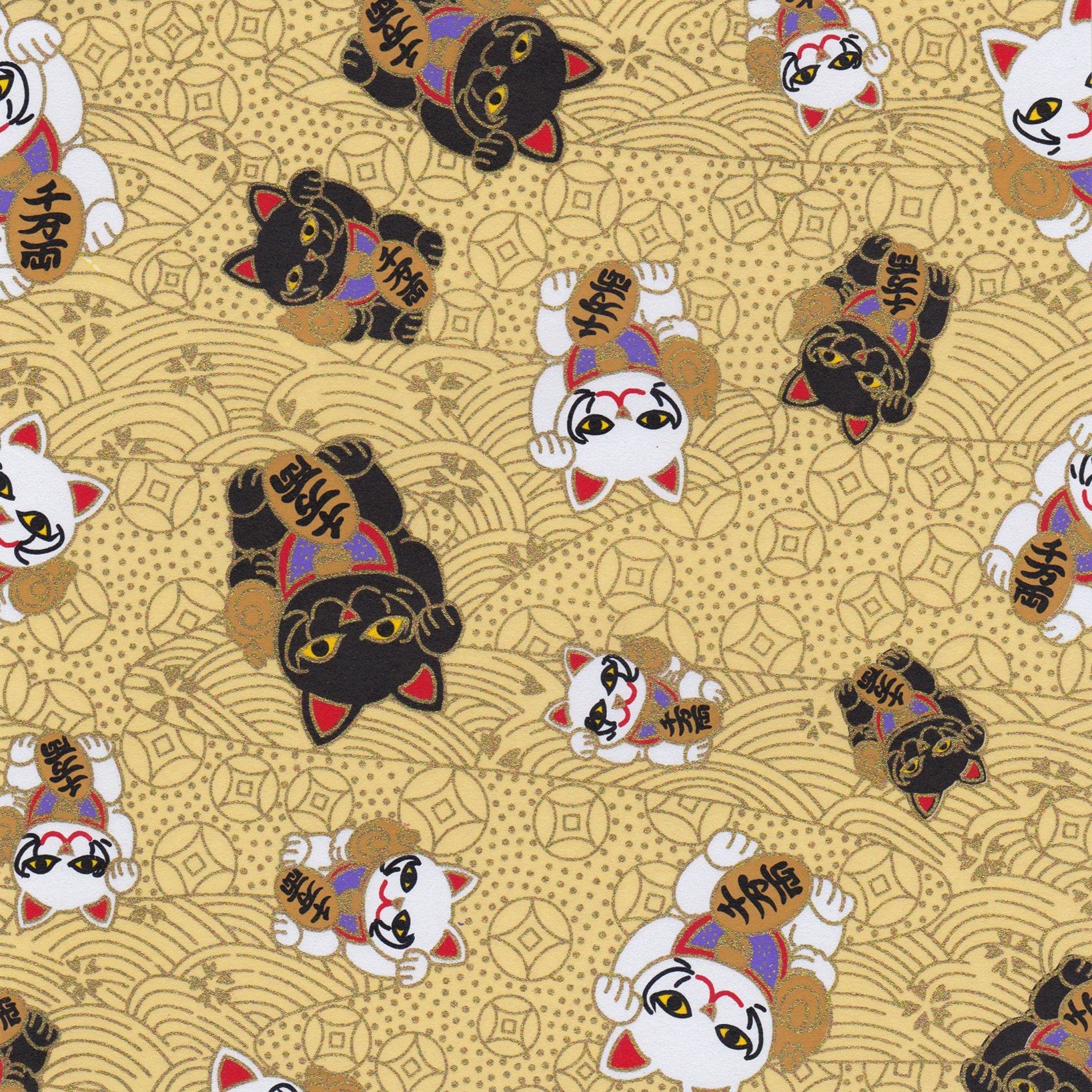 Pack of 20 Sheets 14x14cm Yuzen Washi Origami Paper HZ-429 - Fortune Cats Gold - washi paper - Lavender Home London