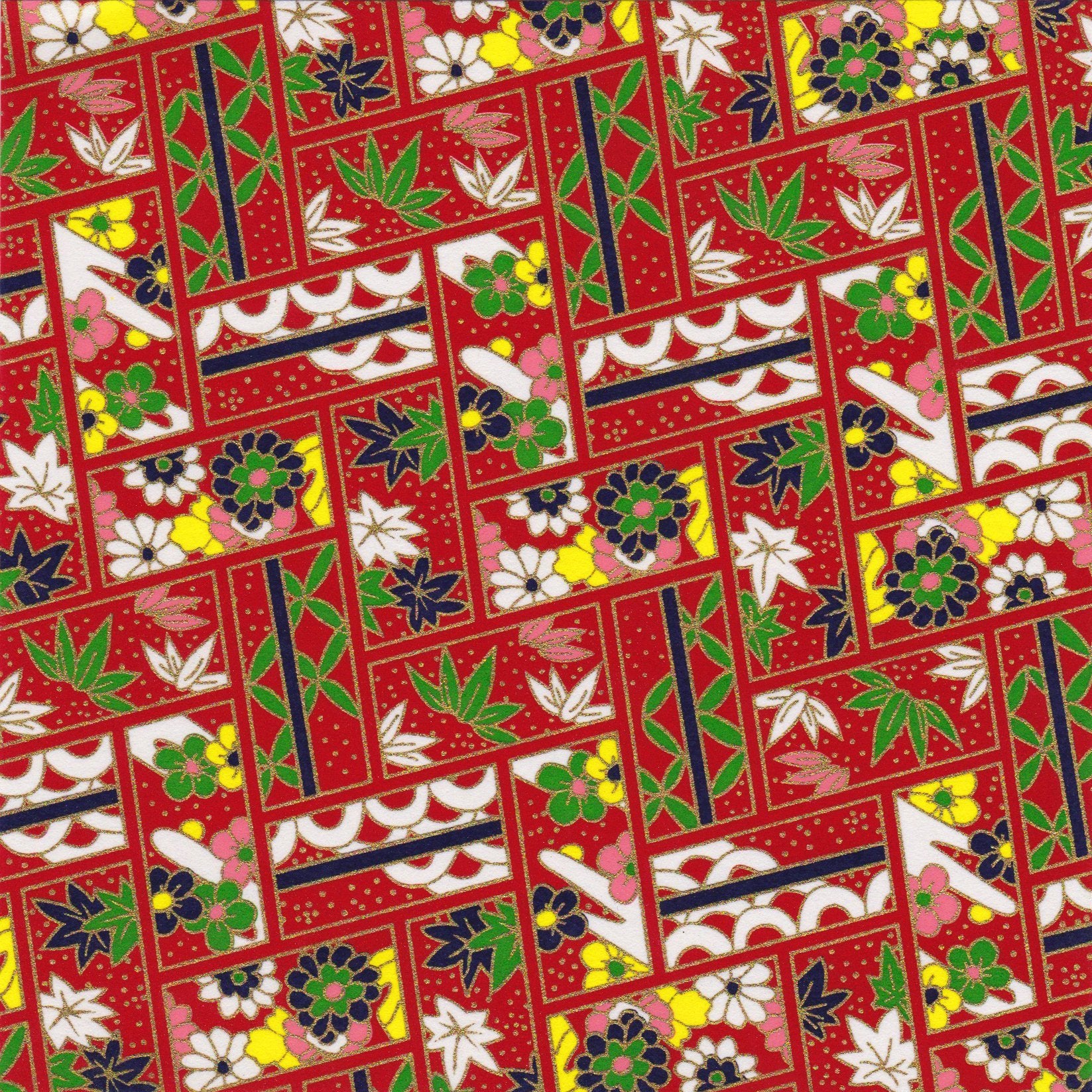 Pack of 20 Sheets 14x14cm Yuzen Washi Origami Paper HZ-437 - Floral Zigzag Red - washi paper - Lavender Home London