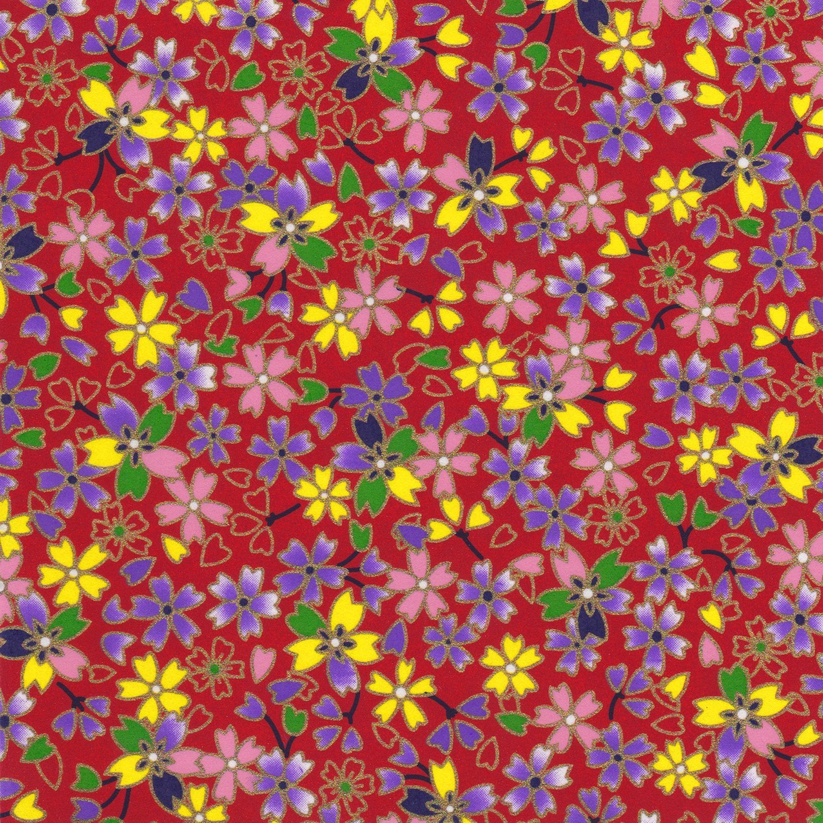 Pack of 20 Sheets 14x14cm Yuzen Washi Origami Paper HZ-439 - Multicoloured Cherry Blossom Red - washi paper - Lavender Home London