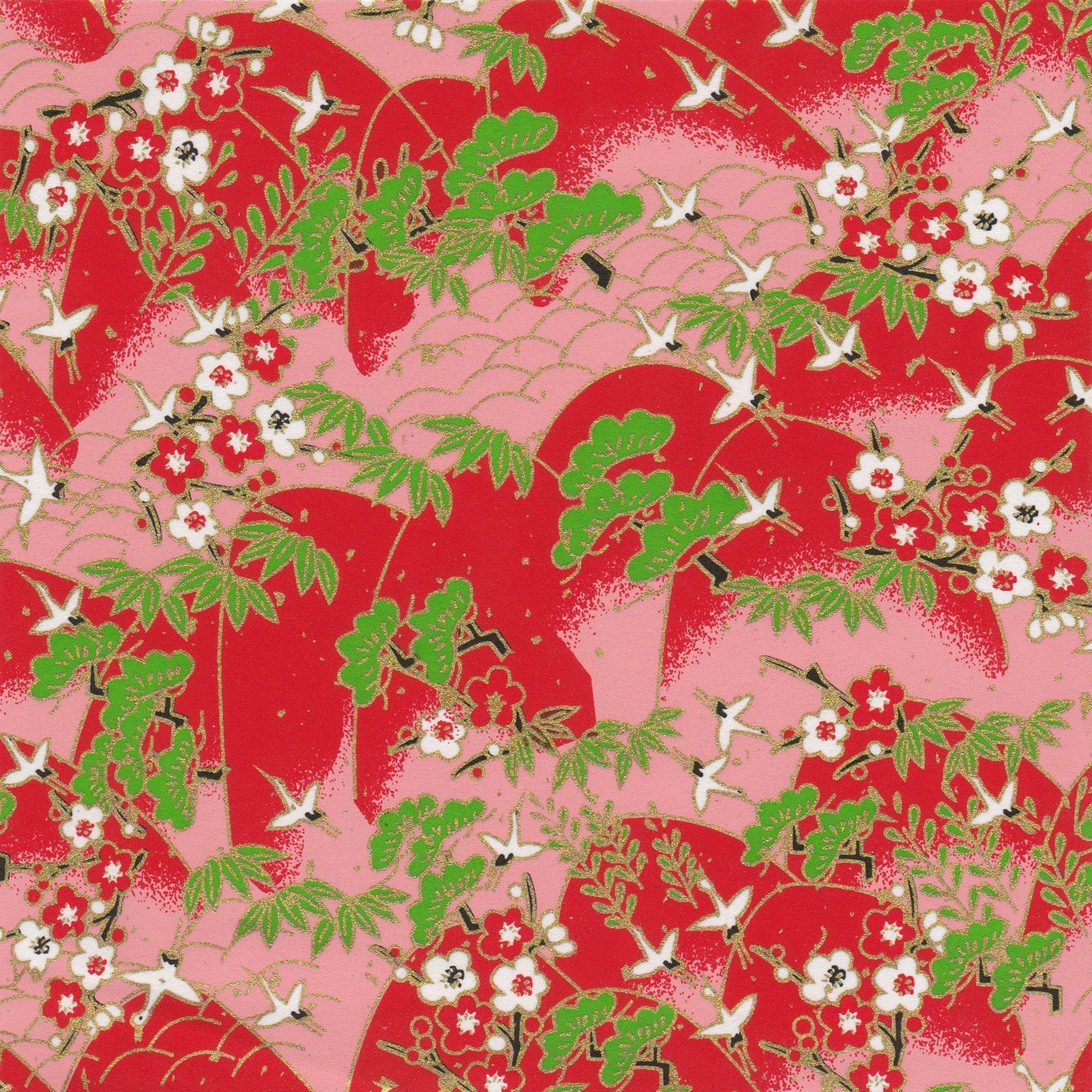 Pack of 20 Sheets 14x14cm Yuzen Washi Origami Paper HZ-442 - Cranes Crossing Mountains Red - washi paper - Lavender Home London