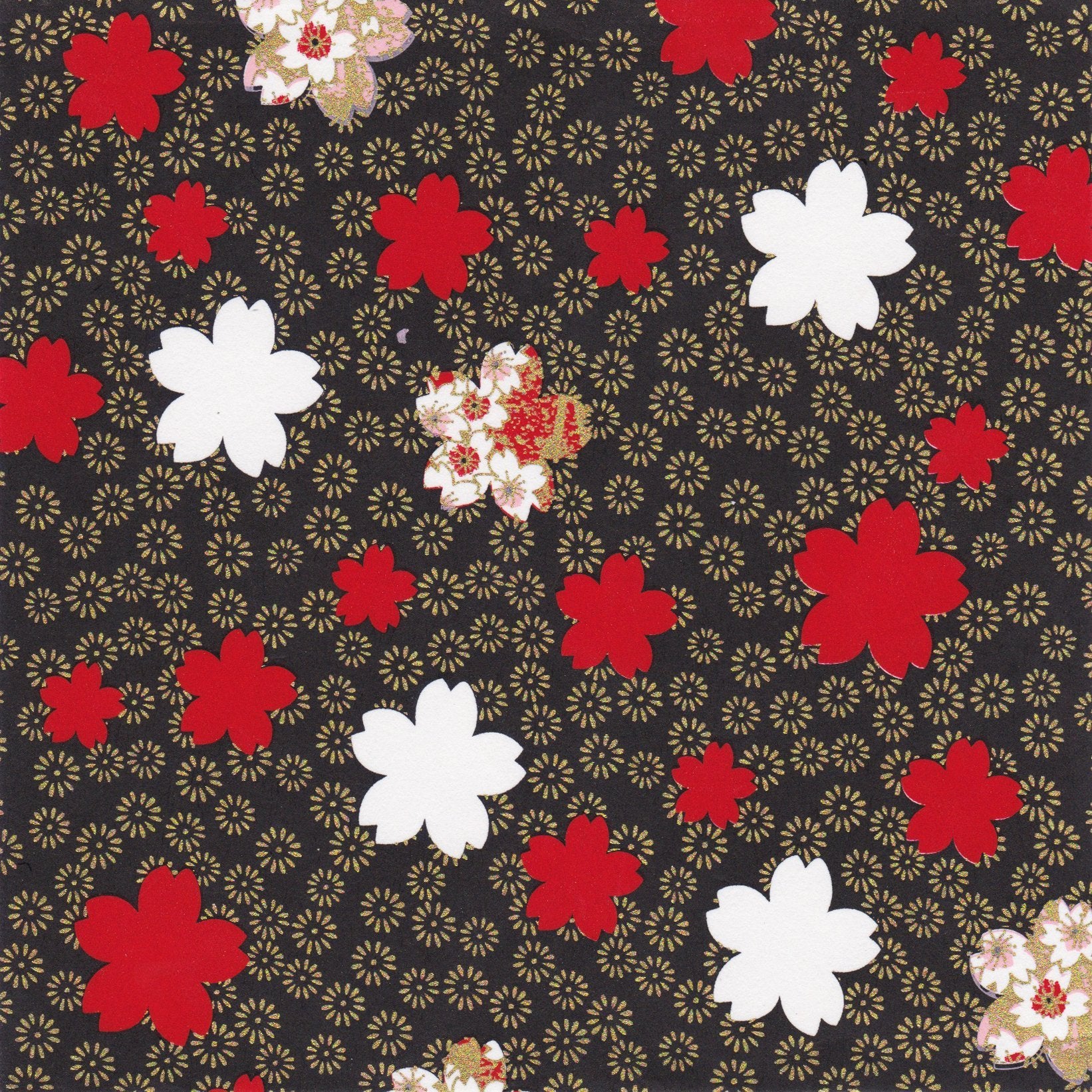 Pack of 20 Sheets 14x14cm Yuzen Washi Origami Paper HZ-444 - Cherry Blossom & Chrysanthemum Black - washi paper - Lavender Home London