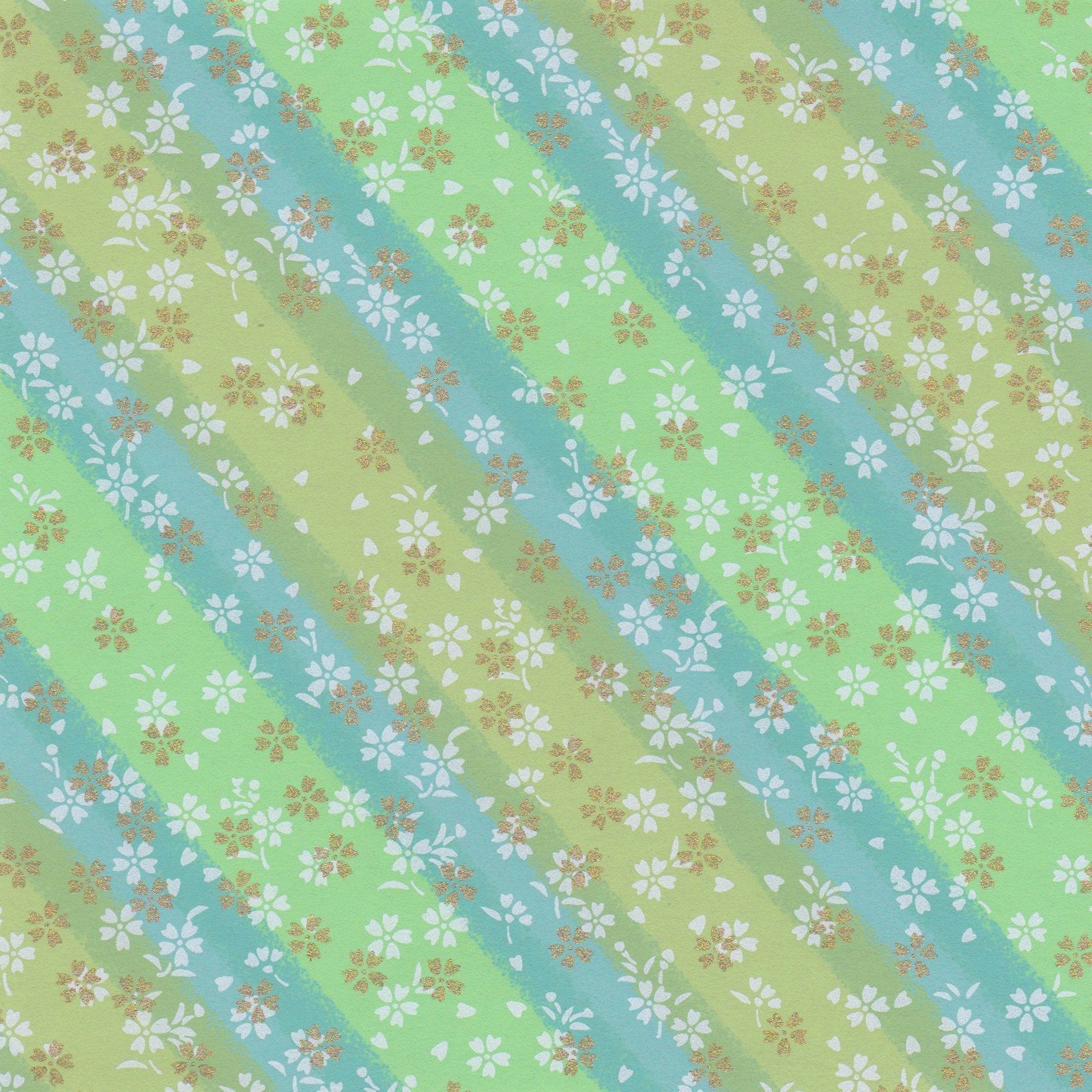Pack of 20 Sheets 14x14cm Yuzen Washi Origami Paper HZ-448 - Small Cherry Blossom Green Shades Stripes - washi paper - Lavender Home London