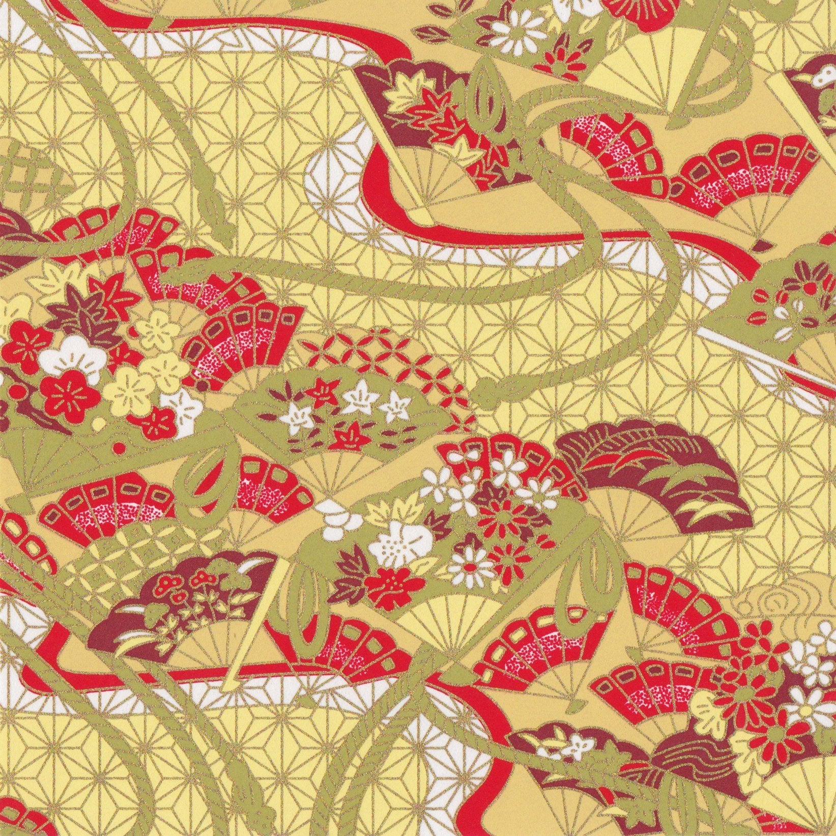 Pack of 20 Sheets 14x14cm Yuzen Washi Origami Paper HZ-449 - Floral Fans & Hemp Leaf Yellow - washi paper - Lavender Home London