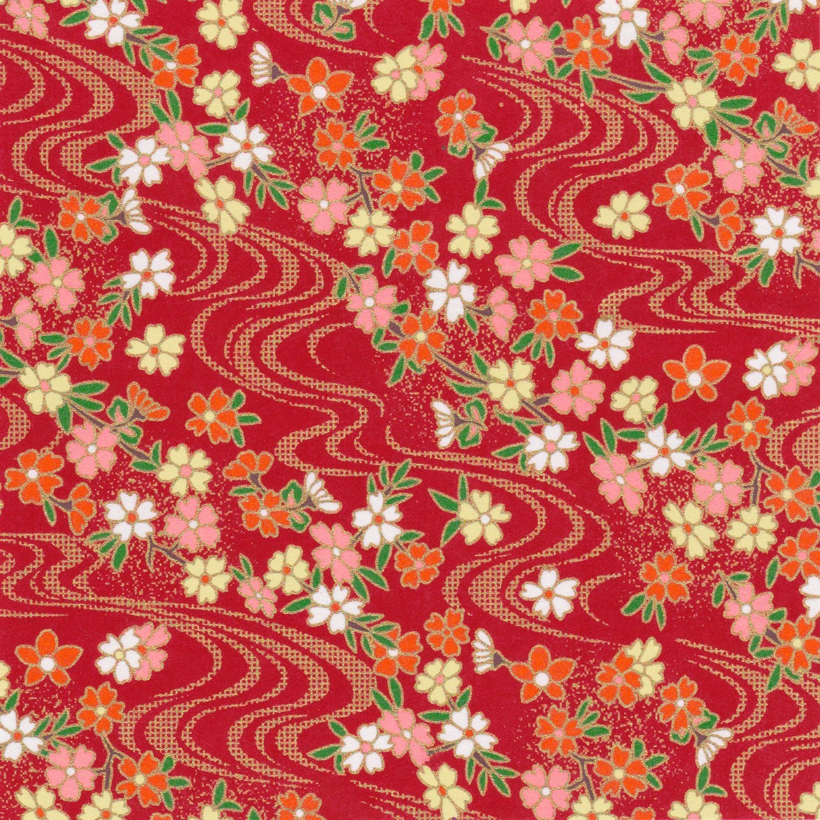 Pack of 20 Sheets 14x14cm Yuzen Washi Origami Paper HZ-455 - Cherry Blossom & Flowing Water Red - washi paper - Lavender Home London