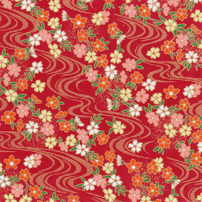 Pack of 20 Sheets 14x14cm Yuzen Washi Origami Paper HZ-455 - Cherry Blossom & Flowing Water Red - washi paper - Lavender Home London