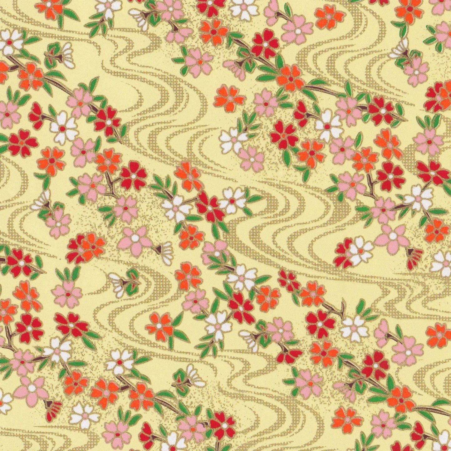 Pack of 20 Sheets 14x14cm Yuzen Washi Origami Paper HZ-456 - Cherry Blossom & Flowing Water Yellow - washi paper - Lavender Home London