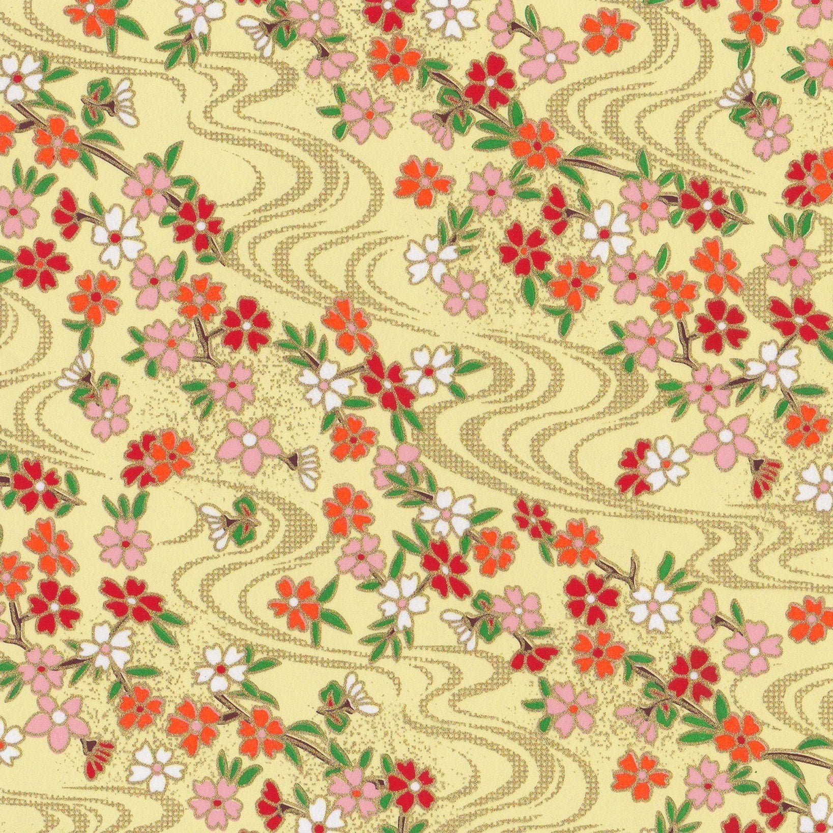 Pack of 20 Sheets 14x14cm Yuzen Washi Origami Paper HZ-456 - Cherry Blossom & Flowing Water Yellow - washi paper - Lavender Home London