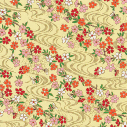 Pack of 20 Sheets 14x14cm Yuzen Washi Origami Paper HZ-456 - Cherry Blossom & Flowing Water Yellow - washi paper - Lavender Home London