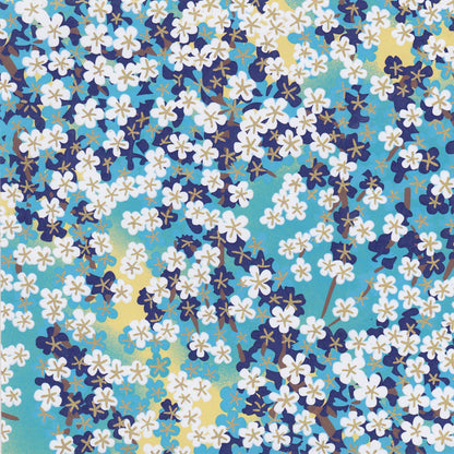 Pack of 20 Sheets 14x14cm Yuzen Washi Origami Paper HZ-458 White Plum Flowers Blue - washi paper - Lavender Home London