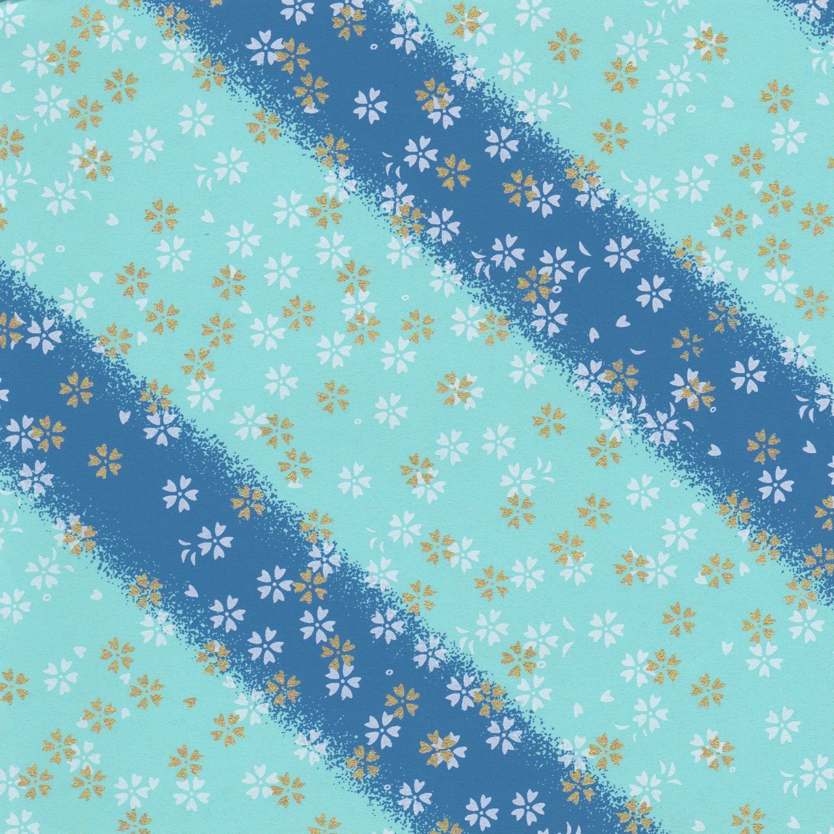 Pack of 20 Sheets 14x14cm Yuzen Washi Origami Paper HZ-467 - Small Cherry Blossom Blue Shades Stripes - washi paper - Lavender Home London