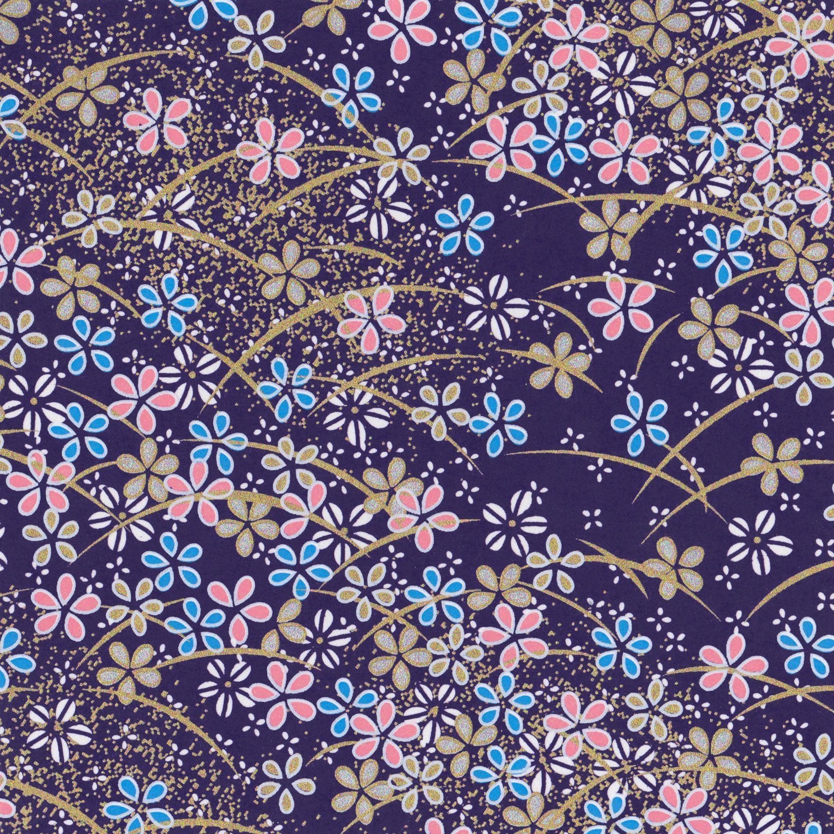 Pack of 20 Sheets 14x14cm Yuzen Washi Origami Paper HZ-468 - Pink Blue Cherry Blossom & Grasses - washi paper - Lavender Home London