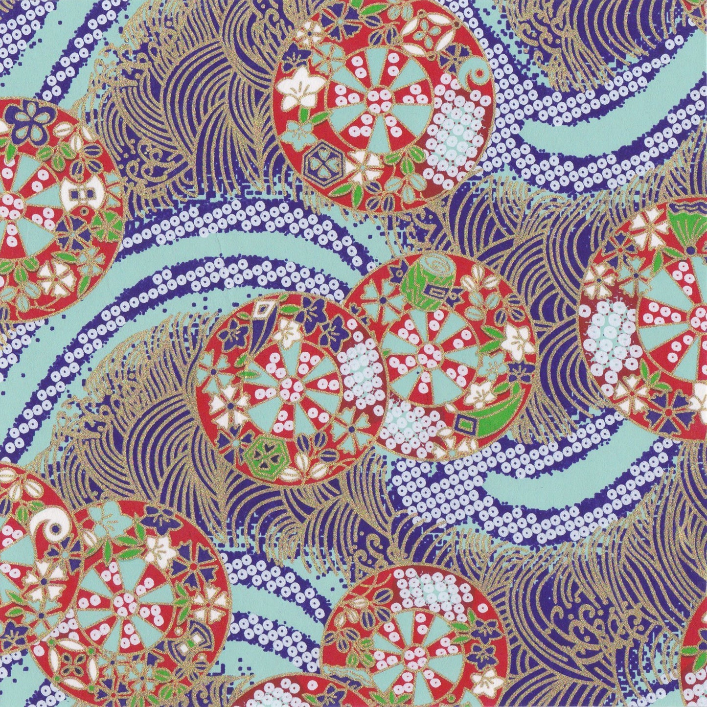 Pack of 20 Sheets 14x14cm Yuzen Washi Origami Paper HZ-479 - Water Wheels Aqua - washi paper - Lavender Home London